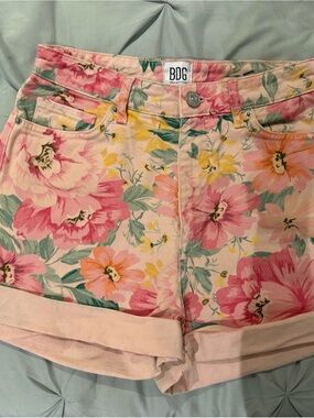 BDG Pink Floral High-Rise Denim Shorts